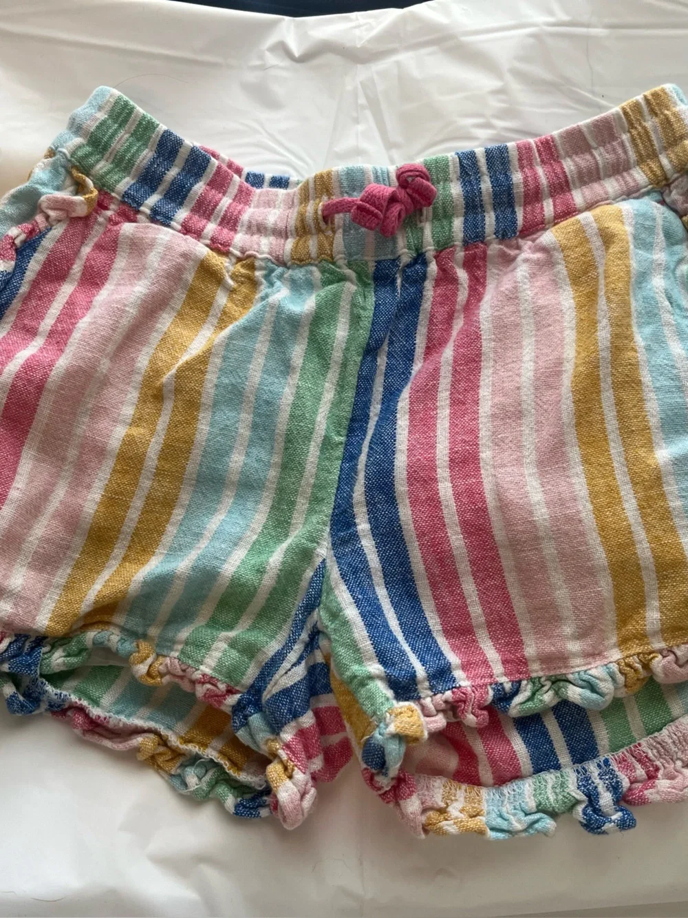 Mini Boden Rainbow Stripe Ruffle Shorts - Pink, Yellow, Green, Blue 6Y